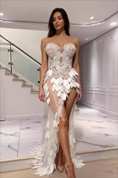Pearl Embroidered Sequin Leaf Strapless Wedding Dress - View 2