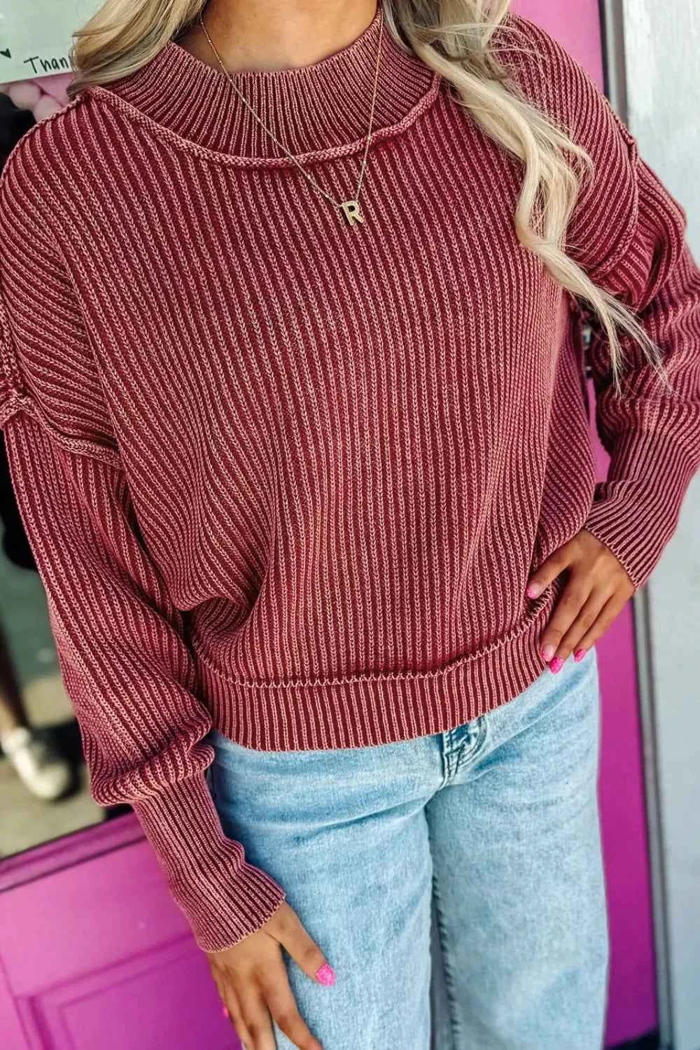Drop Shoulder High Neck Ribbed Sweater