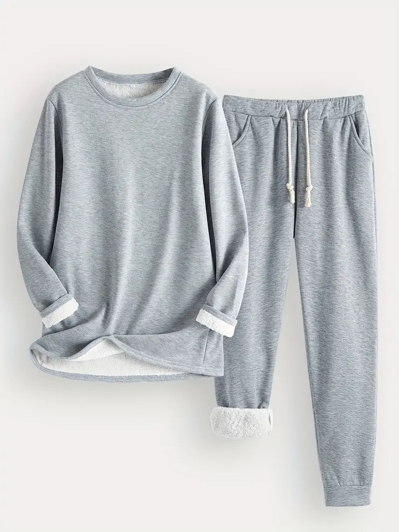 Fleece Lined Crew Neck Top and Jogger Pants Two Piece Set