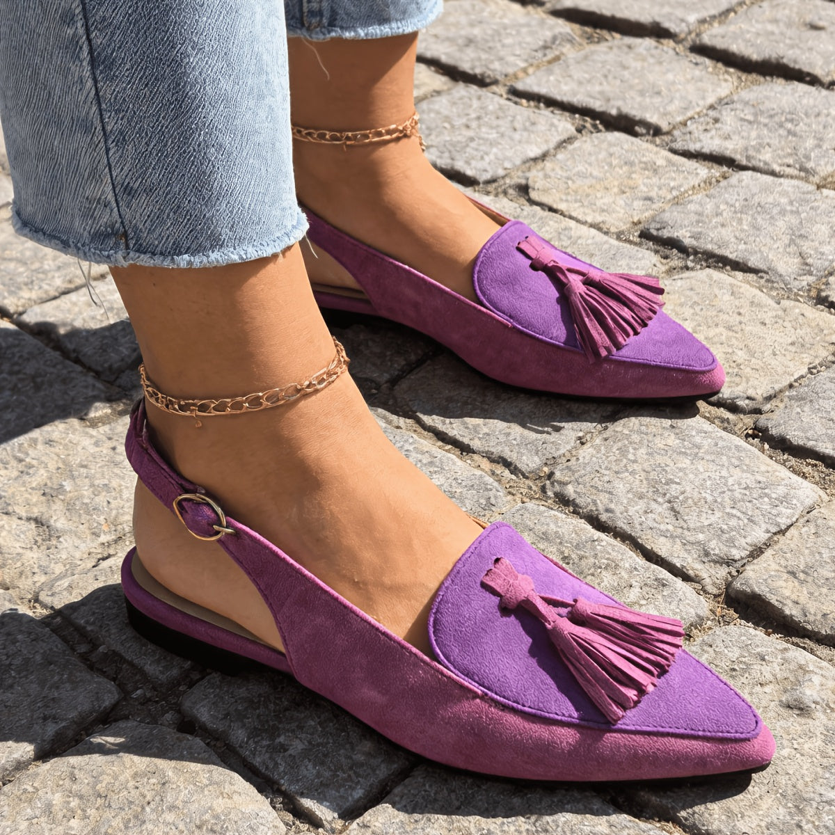 Pointed Toe Tassel Slingback Flats