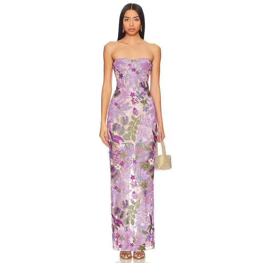 Aleka strapless mesh sequin maxi backless dress