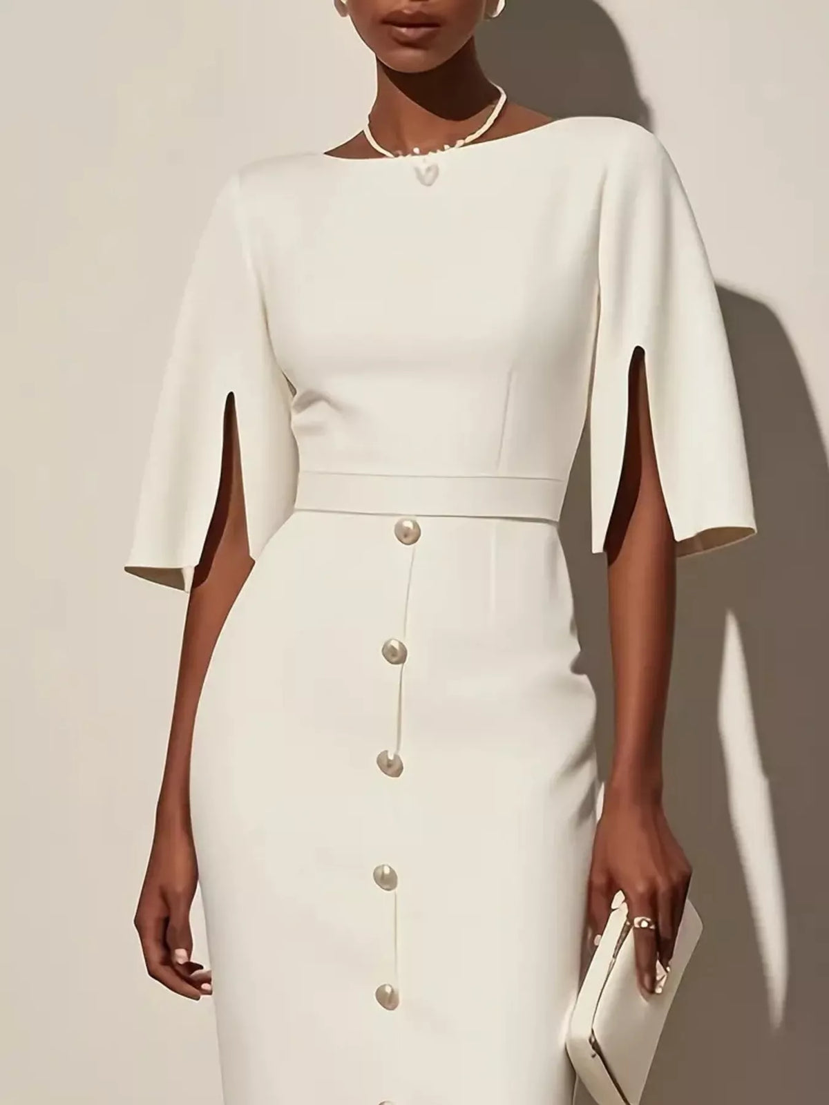 Boat Neck Split Sleeve Belted Button Front Pencil Midi Dress 2