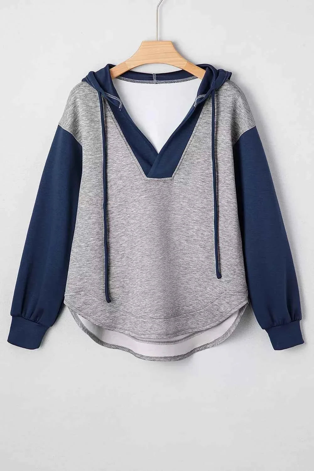 Color Block Patchwork V Neck Drawstring Hoodie