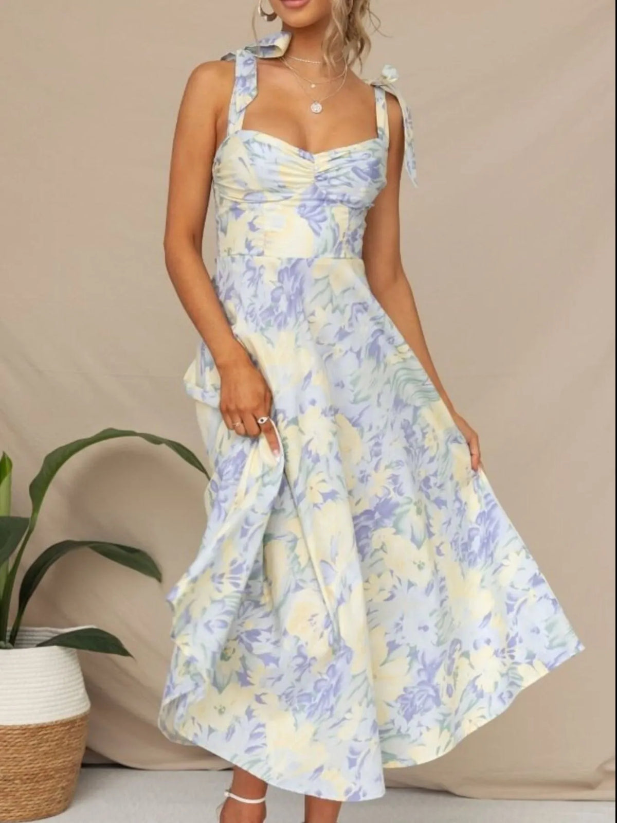 Floral Print Tie Shoulder Sweetheart A-Line Midi Dress 4