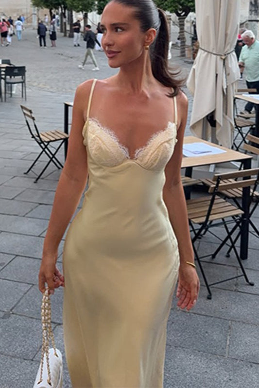 Yellow Lace Panel Satin Cami Maxi Lace Dress