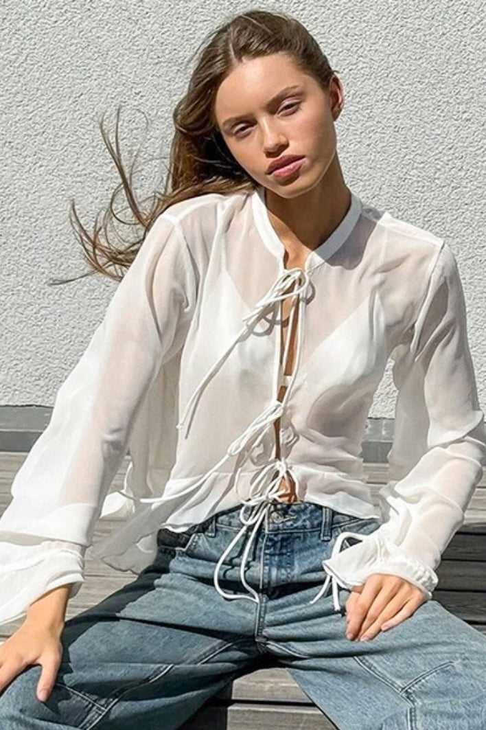 Sheer Chiffon Tie Front Ruffle Hem Wide Sleeve Cropped Blouse 3