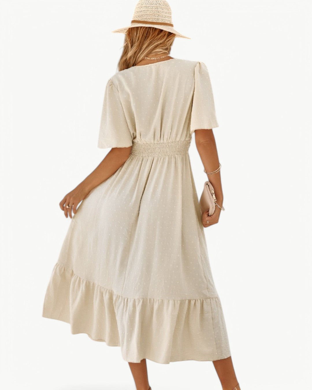 Swiss Dot V-Neck Flutter Sleeve Ruched Waist Tiered Midi Dress