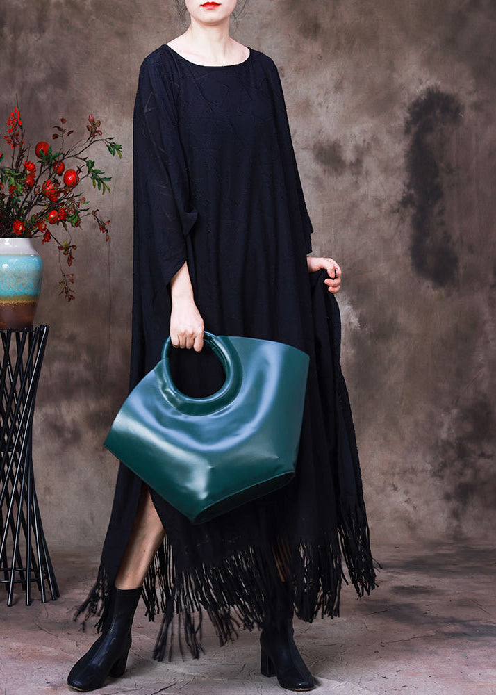 Mesh Geometric Fringe Hem Batwing Sleeve Kaftan Maxi Dress