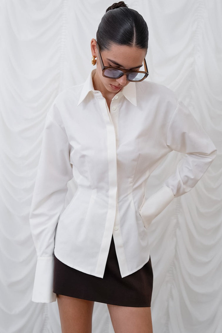 Collared Long Sleeve Darted Waist Wide Cuff Button Front Shirt