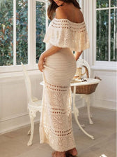 Knit Crochet Texture Cutout Lace-Up Shawl Maxi Dresses - View 3