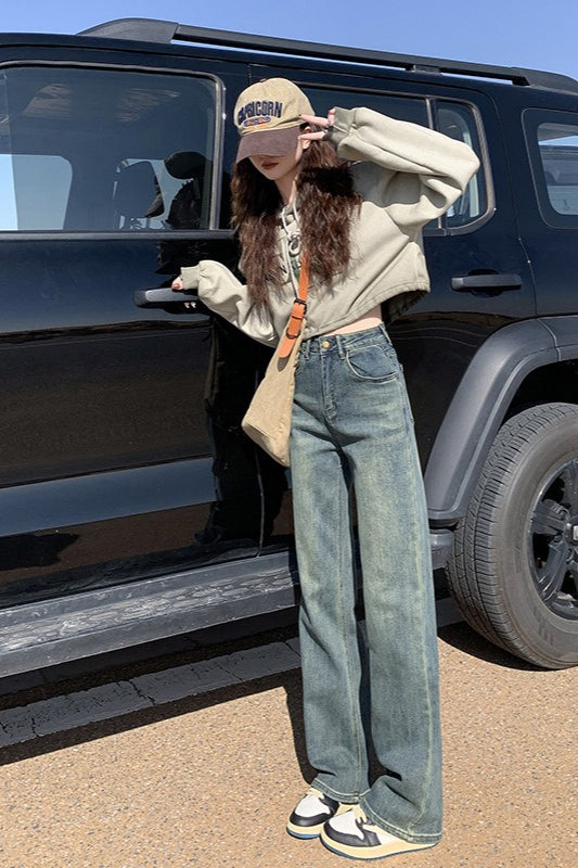 Cement Gray High Waist Straight Wide Leg Extended Jeans