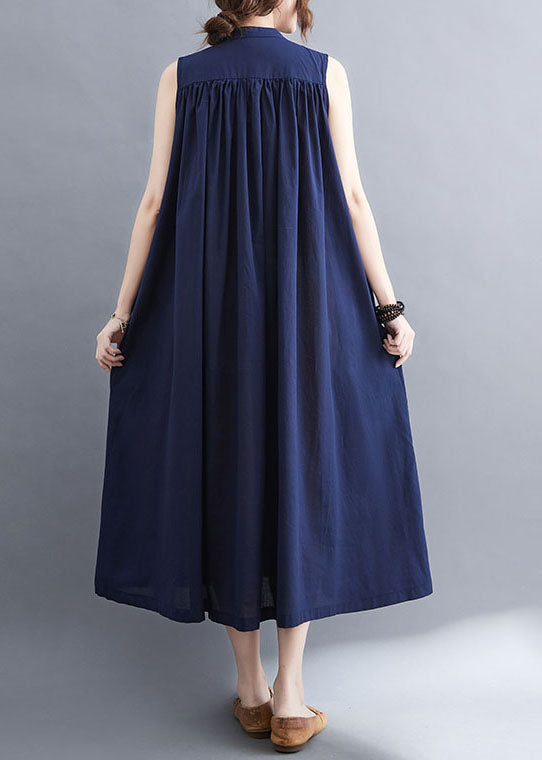 Gathered Mandarin Collar Button Front Sleeveless Pocket Maxi Dress