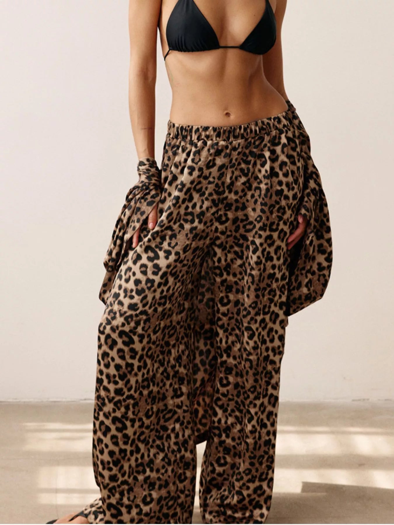 Leopard Cardigan and Wide Leg Pants Lounge Set