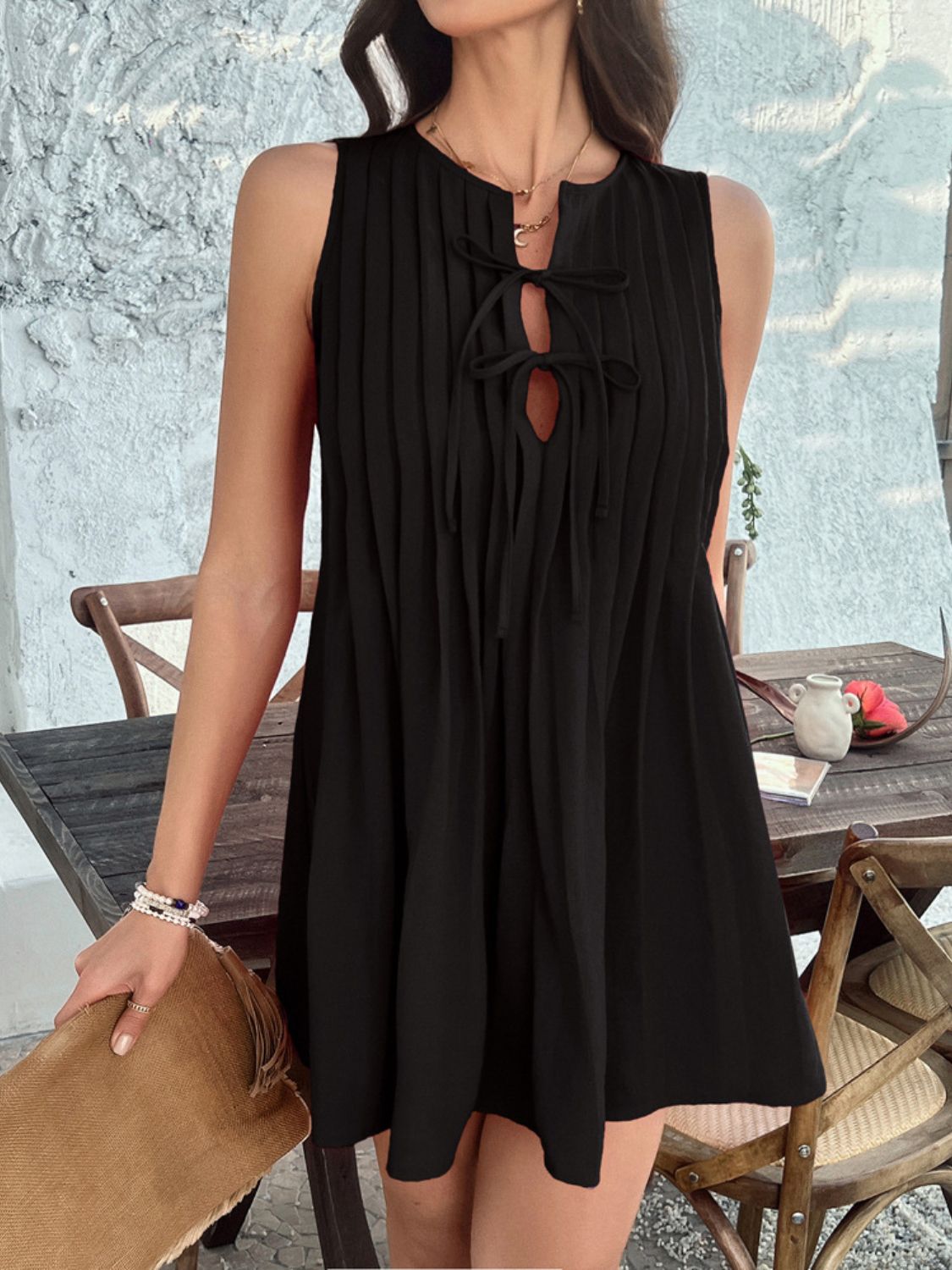 Pintuck Pleated Tie Front Keyhole Sleeveless Shift Mini Dress 10