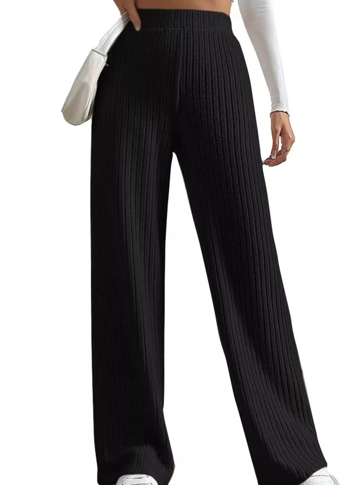 High Waist Ribbed Knit Elastic Waist Wide Leg Pants 5