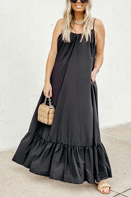 Spaghetti Strap V-Neck Tiered Ruffle Hem Maxi Dress
