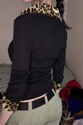 Leopard V Neck Ribbed Long Sleeve Top