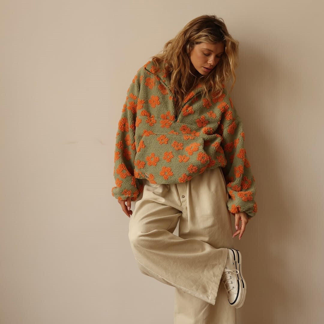 Floral Fleece Collared Half Zip Sherpa Pullover Sweatshirt