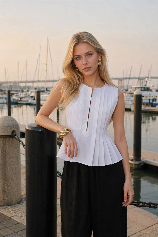 Sleeveless Round Neck Keyhole Front Pleated Peplum Top 5