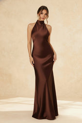 Vintage Solid Satin Backless Maxi Dress 4