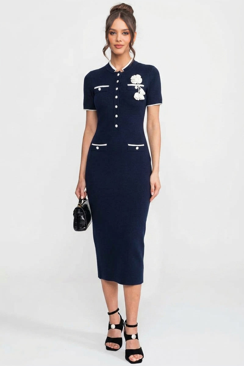 Short Sleeve Button Front Contrast Trim Knit Bodycon Midi Dress 3