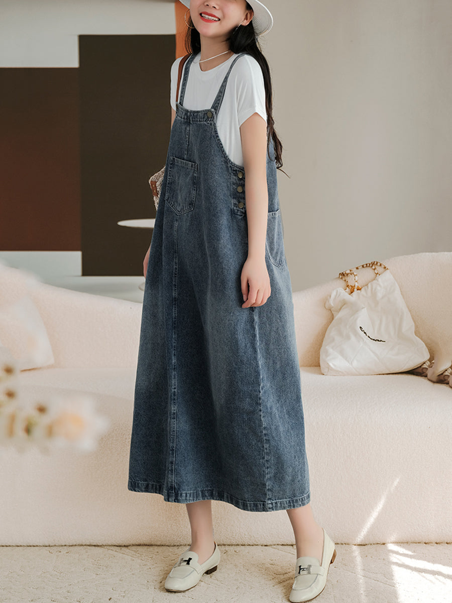 Denim Bib Front Overall Strap Pocket A-Line Maxi Jumper Dress