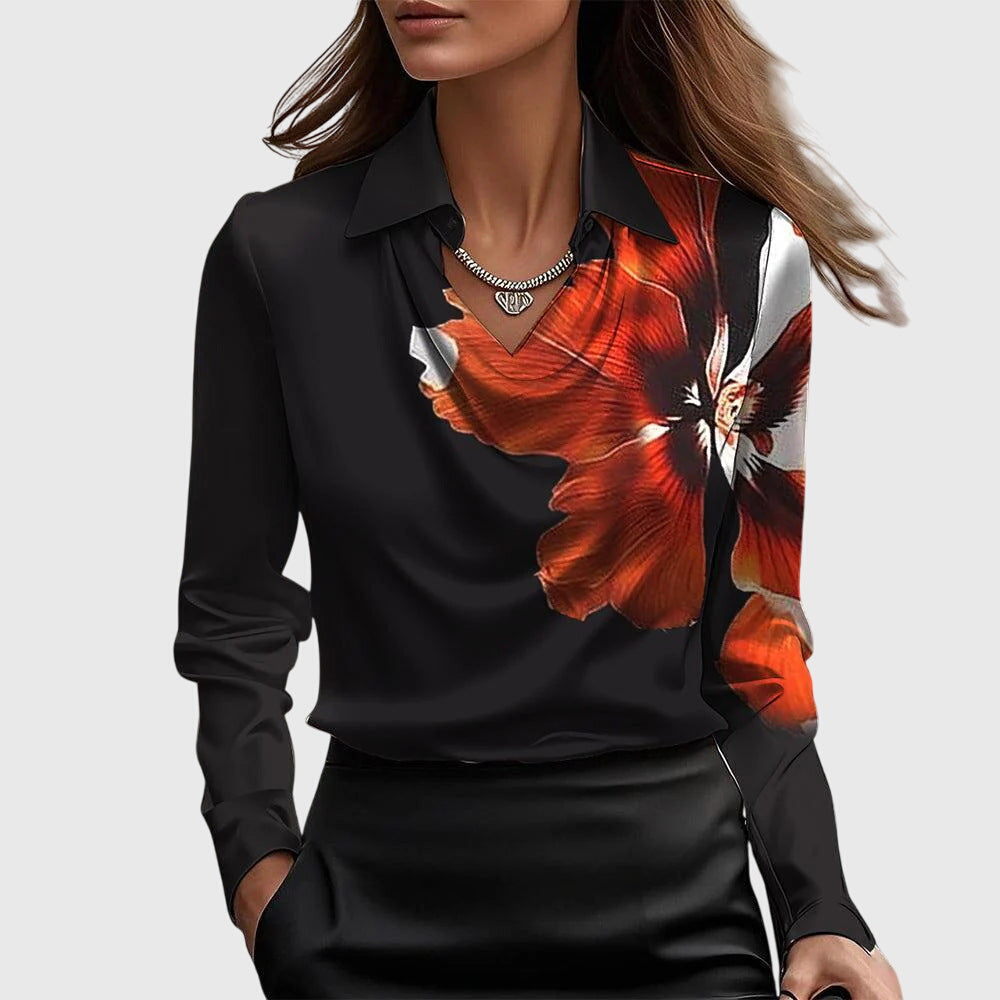 Collared Cowl Neck Long Sleeve Satin Blouse