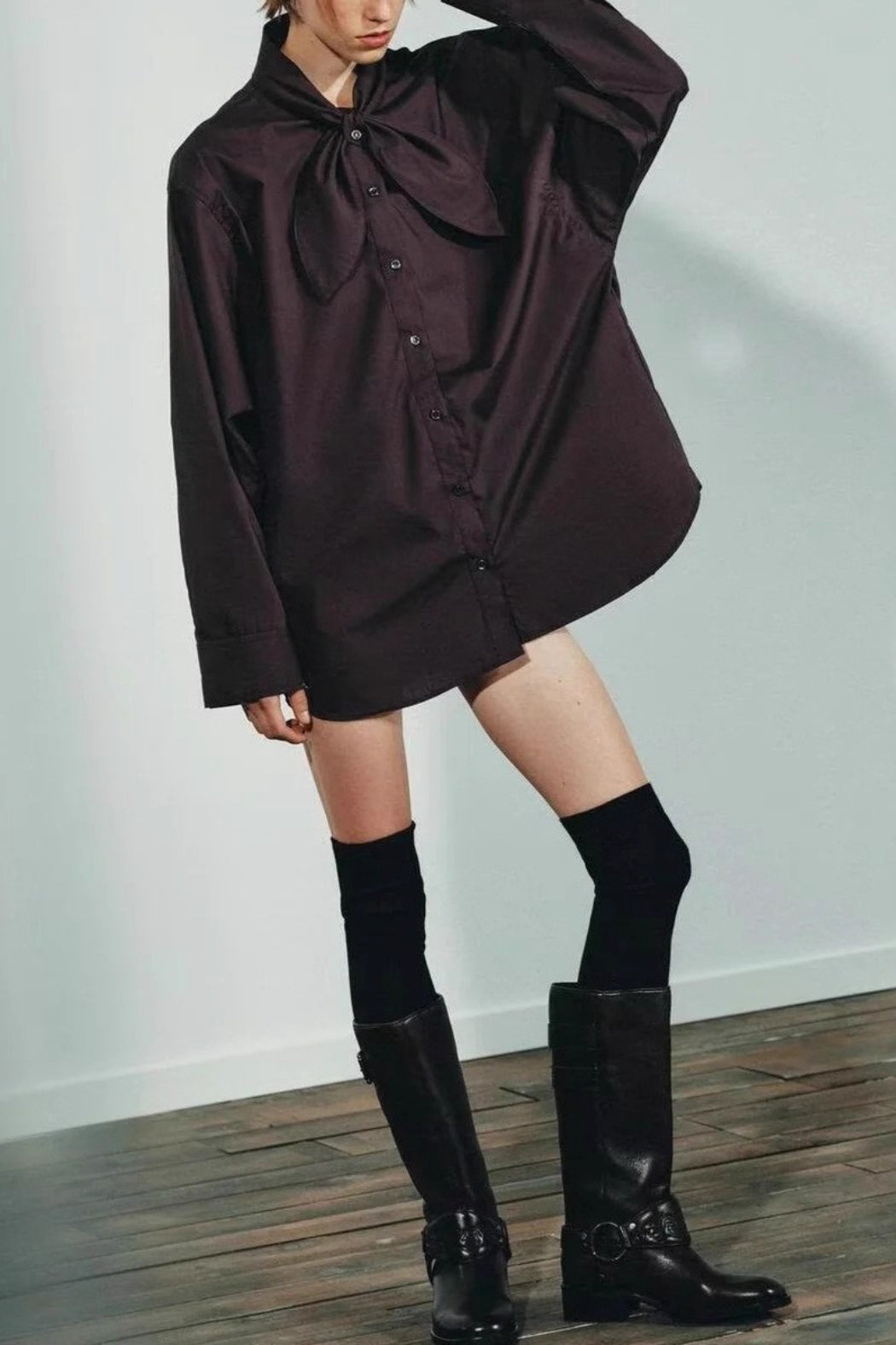 Tie Neck Button Front Puff Sleeve Oversized Longline Shirt 2