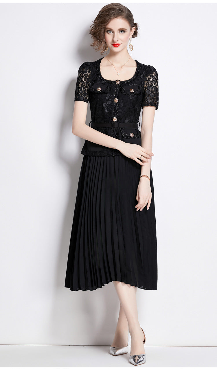 Faux Two Piece Lace Long Sleeve Pleated Midi Dress 34
