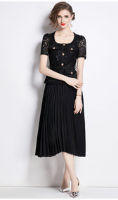 Faux Two Piece Lace Long Sleeve Pleated Midi Dress 34