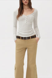 Vintage Washed V Neck Henley Long Sleeve Top