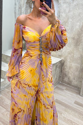 Sunset Serenade Printed Off Shoulder Diamond Maxi Dress - View 7
