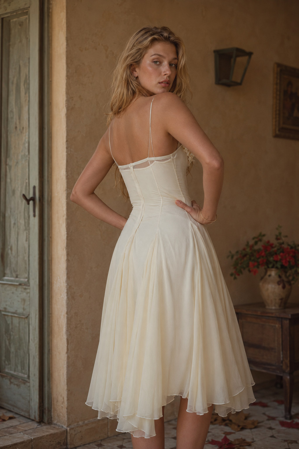 Sculpted Flower Plunge Midi Slip Dress