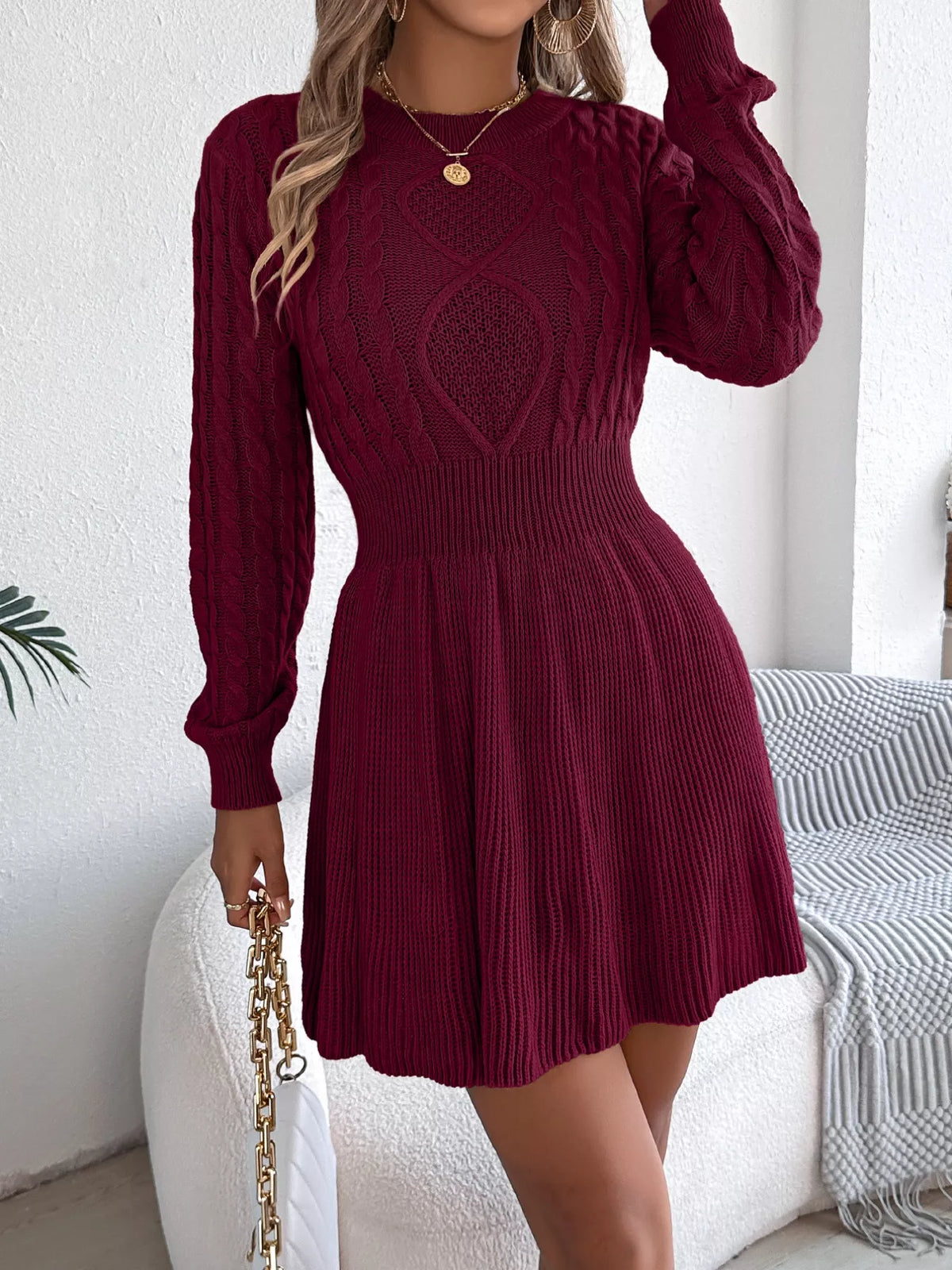 Cable Knit Crew Neck Long Sleeve Fit and Flare Sweater Mini Dress 9