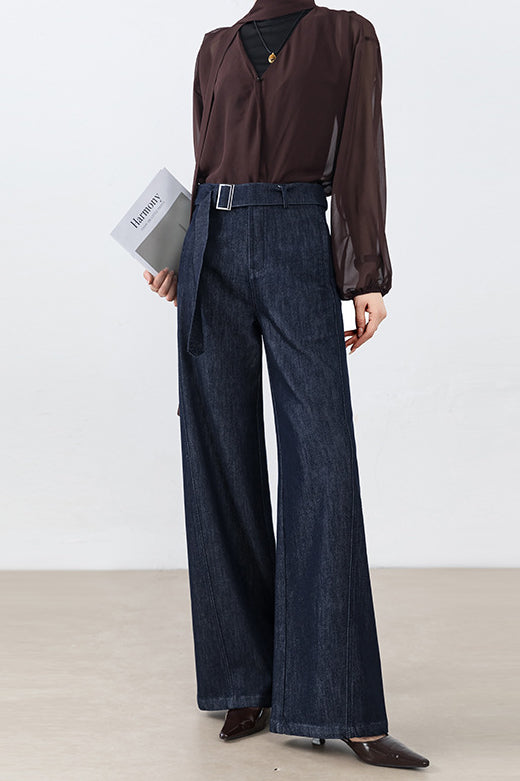 High Waist Belted Dark Wash Wide Leg Denim Jeans 2