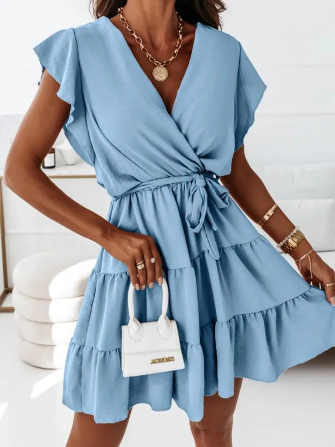 Ruffled Surplice Cap Sleeve Mini Dress Light Blue