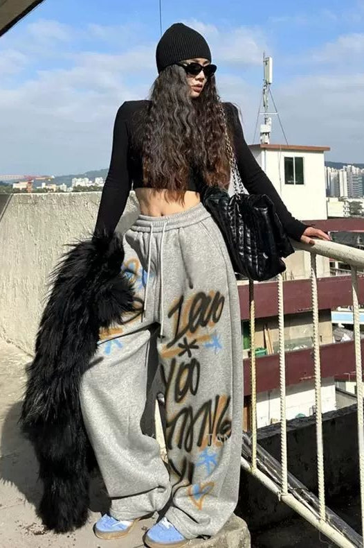 Graffiti Letter Print Drawstring Waist Wide Leg Jogger Pants