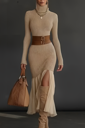 High Neck Long Sleeve Knit Mermaid Maxi Dress
