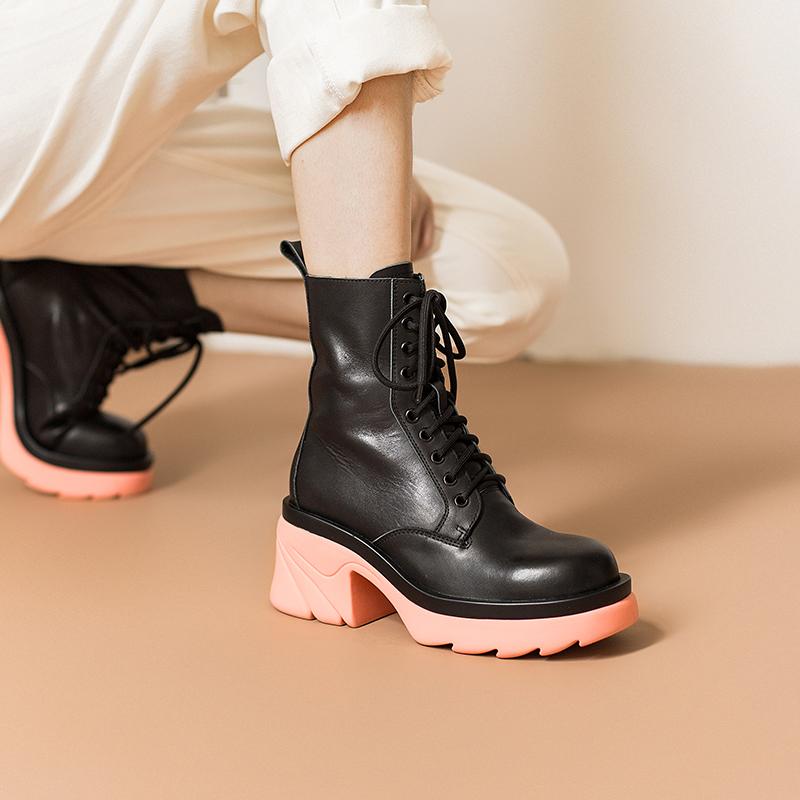 Colorful Sole Leather Boots Designer Retro Chunky Riding Boots High Heel Handmade