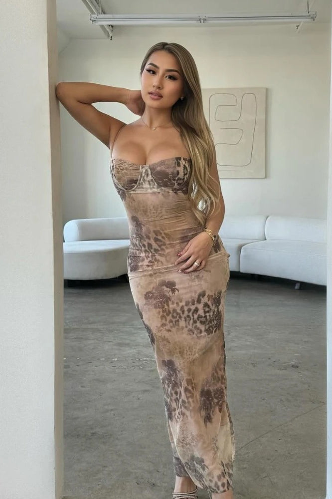 Spaghetti Edition Strap Leopard Maxi Dress