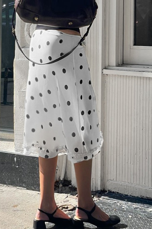 Polka Dot Ruffle Low Rise Midi Skirt