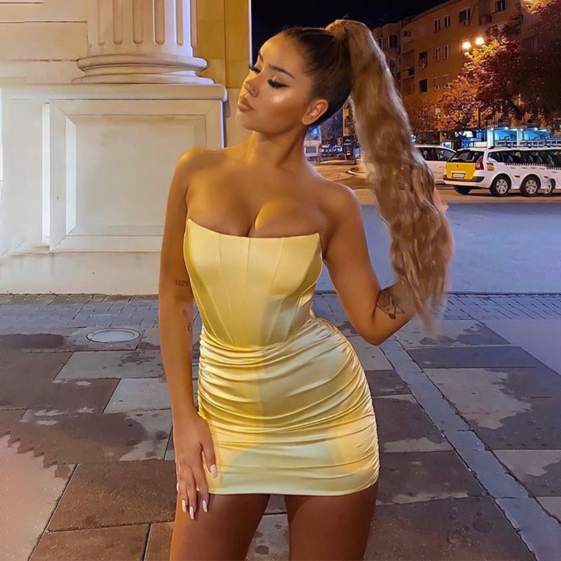 Satin Strapless Corset Bodice Ruched Bodycon Mini Dress 3