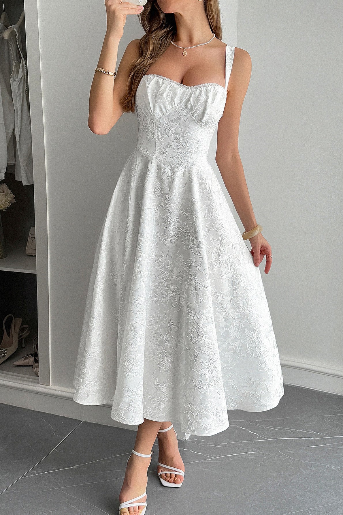 Jacquard Sweetheart Lace Trim Corset Bodice Pocket A-Line Midi Dress
