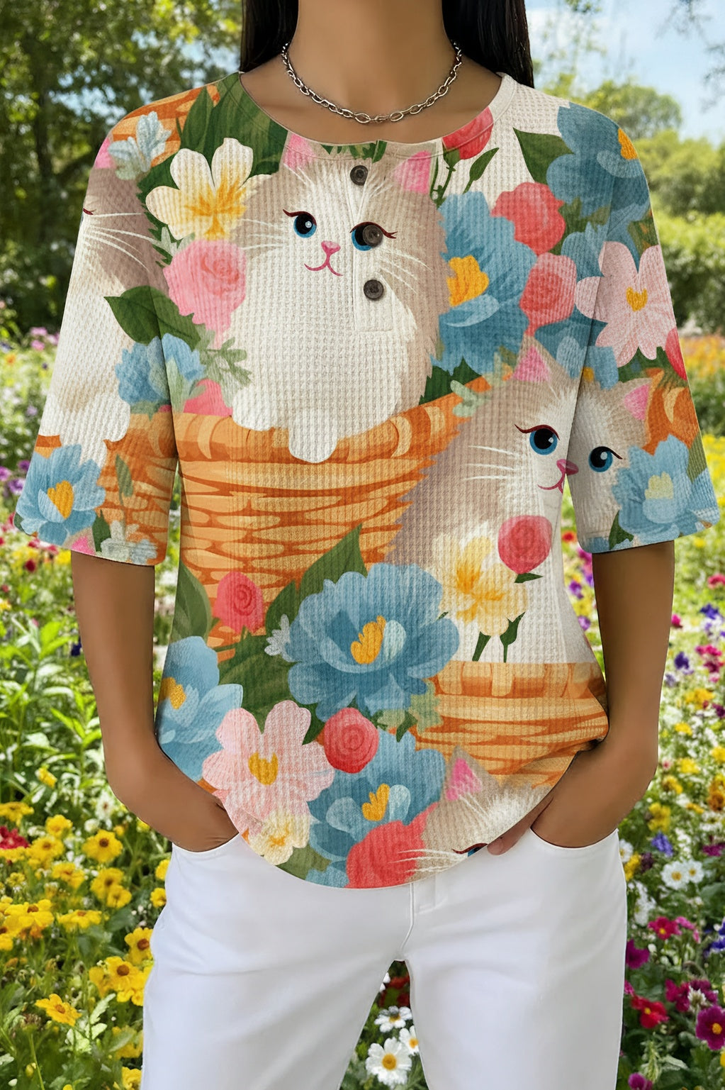 Womens Blue Floral Cat in Basket Print Casual Shirt