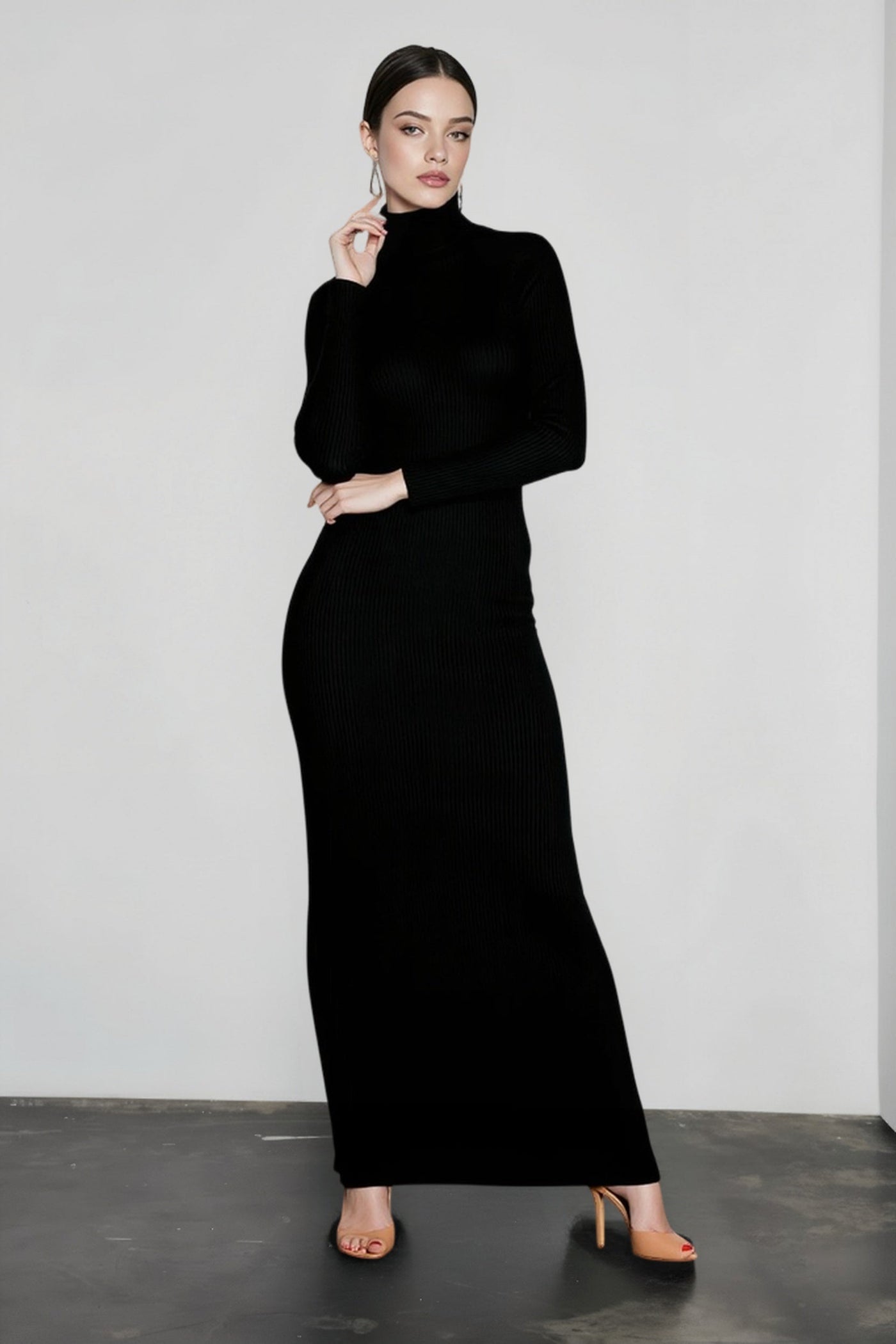 Elegant Spring Turtleneck Knitted Ribbed Sheath Midi Bodycon Dress