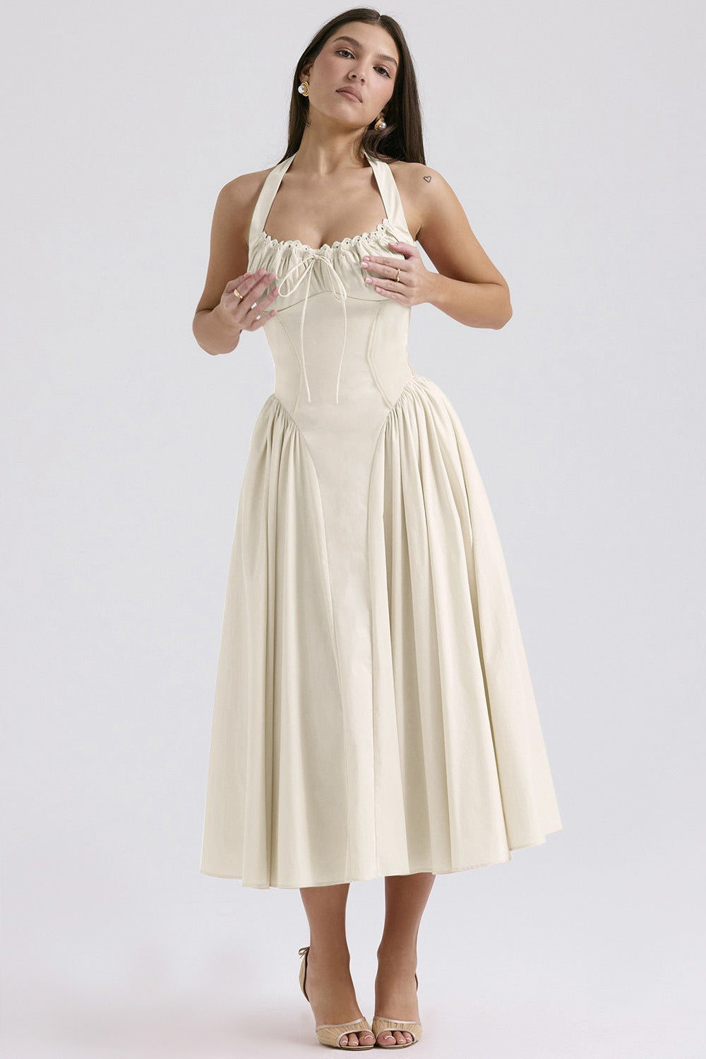 Halter Neck Ruched Corset Fit and Flare Midi Dress