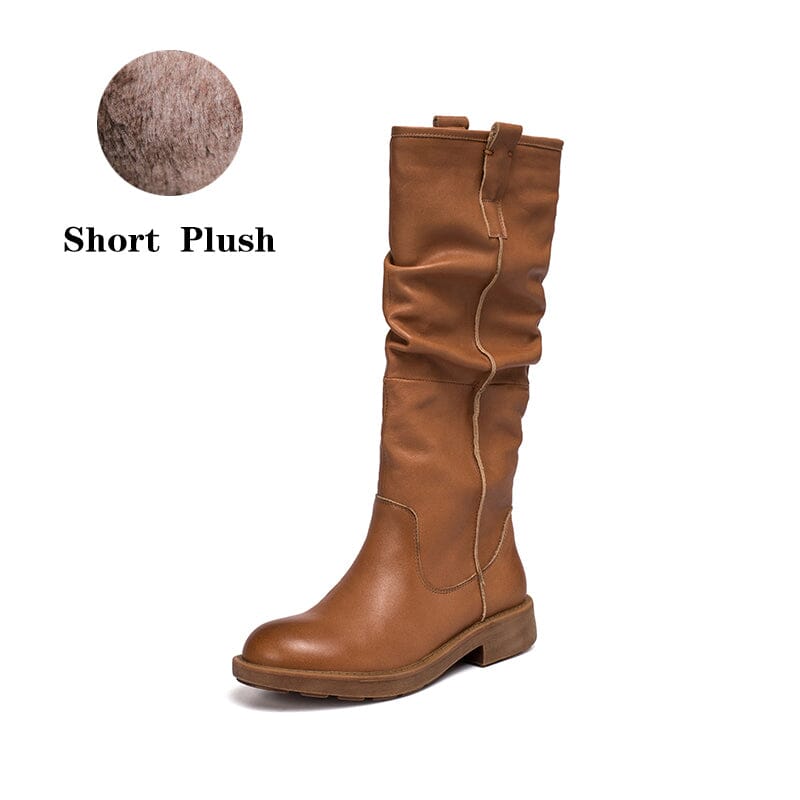 Waxing��Leather Knee High Boots Fold Design Riding Boots Buckle Boots in Black/Brown