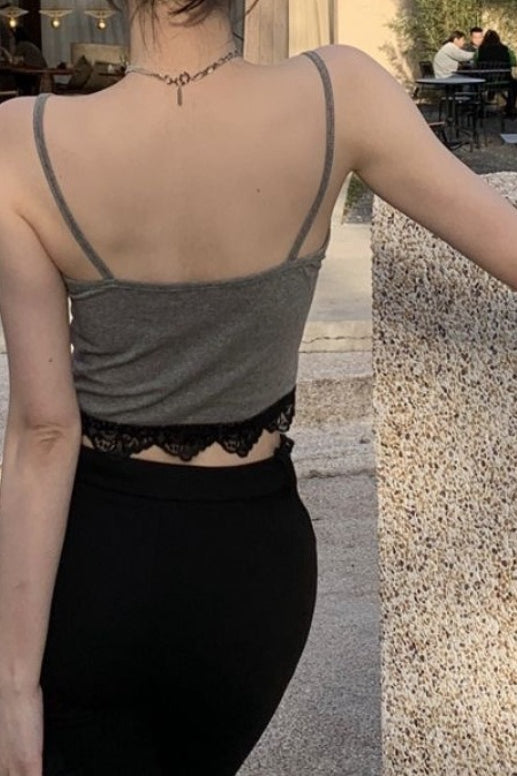 Lace Trim Backless Crop Cami Top