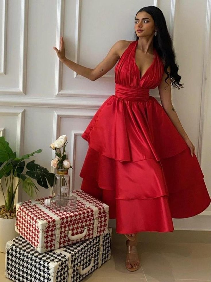 Sexy Halter V Neck Satin Layered Evening Dress A Line Party Dress cc1712