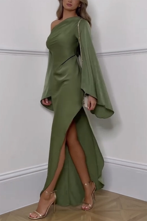 Satin One Shoulder Cape Sleeve High Split Asymmetrical Maxi Dress 4